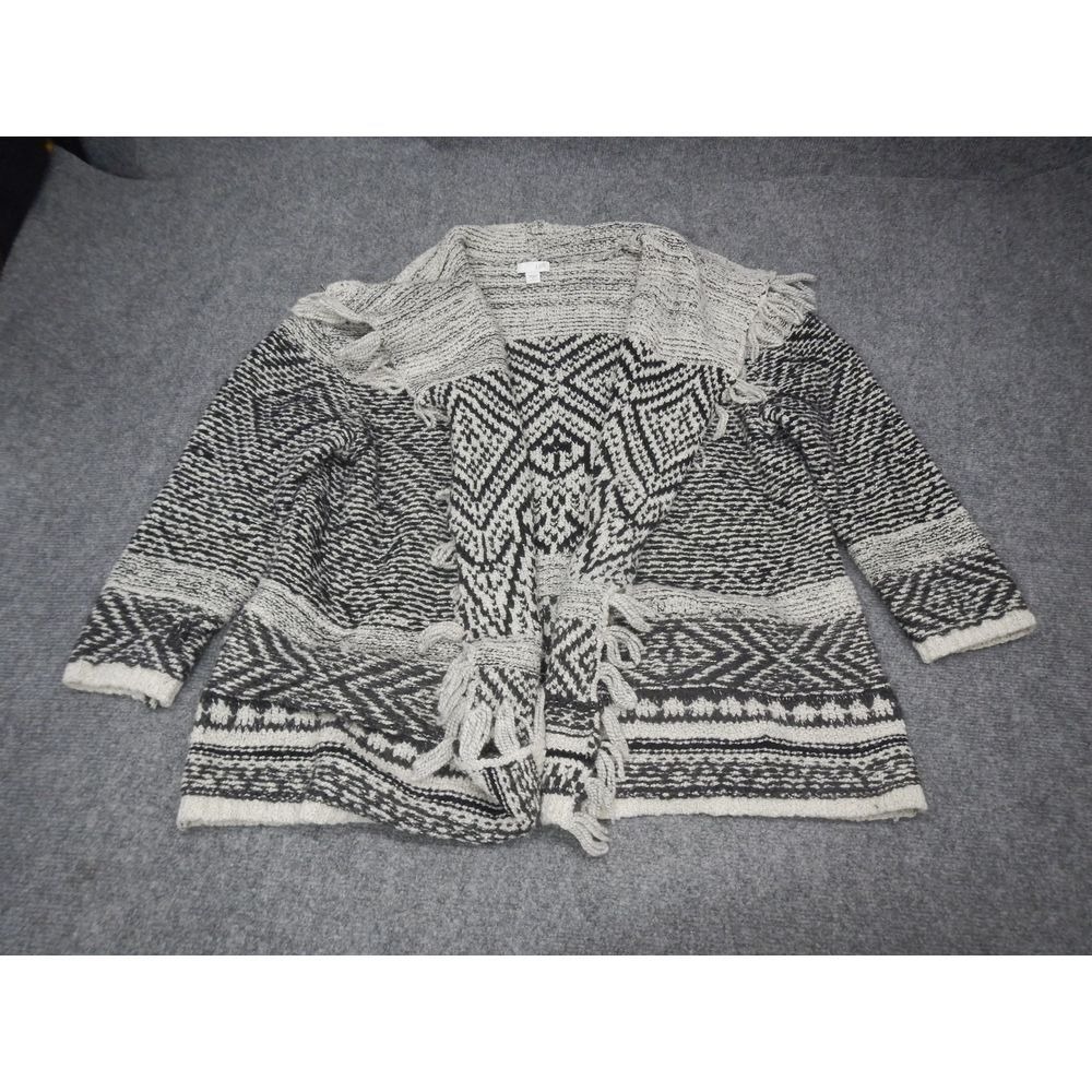 J.Jill Cardigan Sweater Petite Large Knit Geometric Pattern Black‎ White Fringe